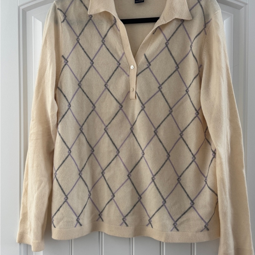 Brooks Brothers Cream purple plaid argyle Long Sleeve cashmere Button sweater